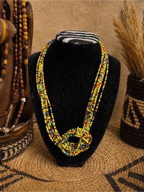 Multistrand Yellow Beaded Knot Necklace with Multicolor Accents